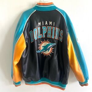 Miami Dolphins NFL Team Apparel Faux Leather Varsity Jacket Zip Pockets Logo XXL
